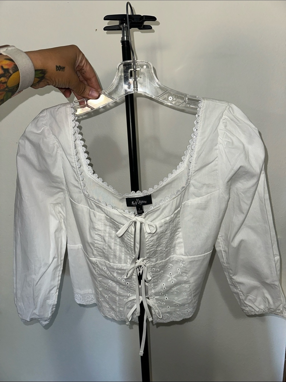 Self Esteem size S White Cotton Embroidered Tie-Front Peasant crop top